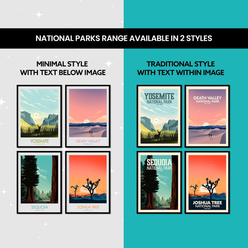 May include: A set of six national park posters in two styles. The minimal style features the park name below the image, while the traditional style features the park name within the image. The posters feature Yosemite National Park, Death Valley National Park, Sequoia National Park, and Joshua Tree National Park.