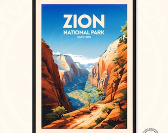Zion National Park-print – retro vintage reisposter, Utah-muurkunst Verkrijgbaar in verschillende maten