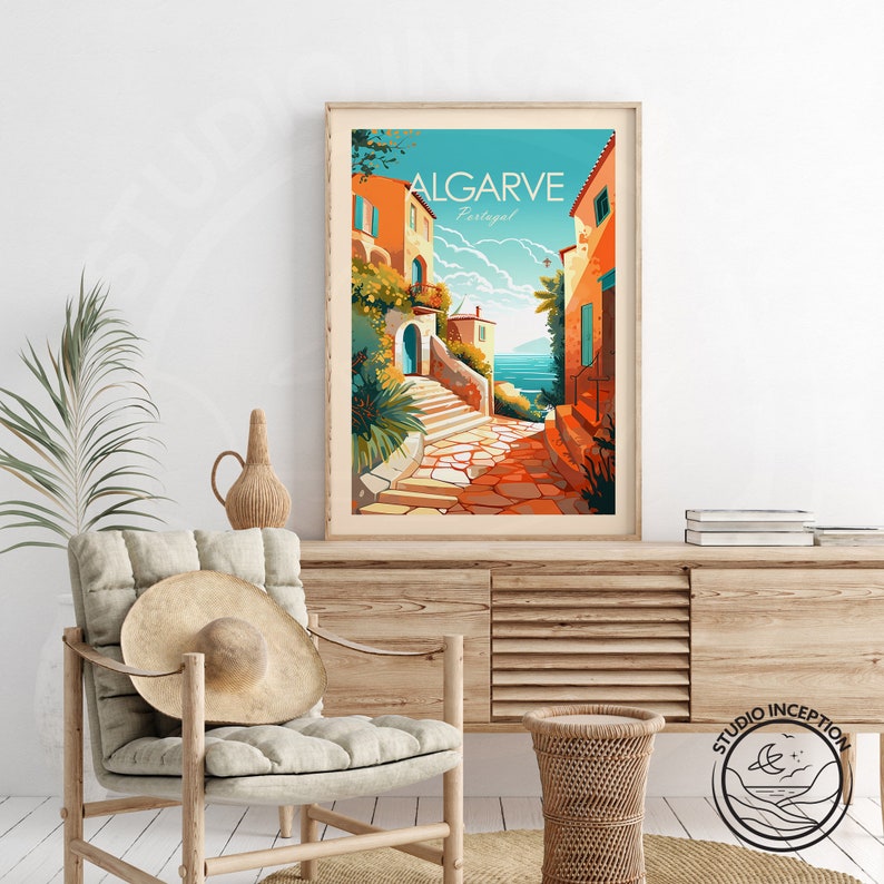 May include: A colorful illustration of a street scene in Algarve, Portugal. The image features a narrow, cobblestone street lined with colorful buildings and lush greenery. The street leads to a view of the ocean in the distance.