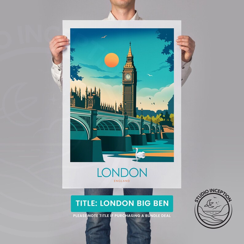 May include: A colorful illustration of Big Ben and the Houses of Parliament in London, England. The image features a blue sky, a bright orange sun, and a river with a swan. The text "LONDON" and "ENGLAND" is printed below the image. The title "LONDON BIG BEN" is printed below the image.