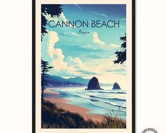 Cannon Beach Traditional Travel Print Oregon Poster Cannon Beach Travel Art with framing and personalisation options - Perfect Travel gift