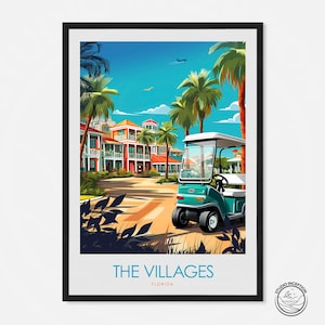 Stampa di viaggio minimalista The Villages, poster della Florida, arte di viaggio negli Stati Uniti, arte murale della galleria, contee di Sumter e Marion, arte della contea di Lake