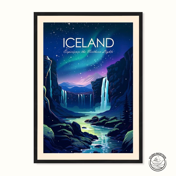 Iceland Traditional Print featuring the Northern Lights - Aurora Borealis Wall Art, Personalised Travel Gift for Art Lovers, Home Decor Gift