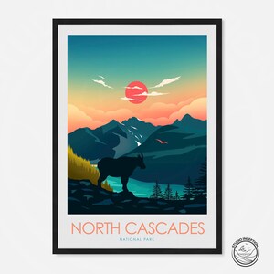 Poster du parc national américain représentant le parc national des North Cascades dans un style minimaliste