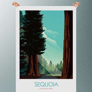May include: A vintage-style poster featuring a scenic view of Sequoia National Park. The poster depicts towering redwood trees with a sunbeam shining through the forest. The text "SEQUOIA NATIONAL PARK" is displayed at the bottom of the poster.