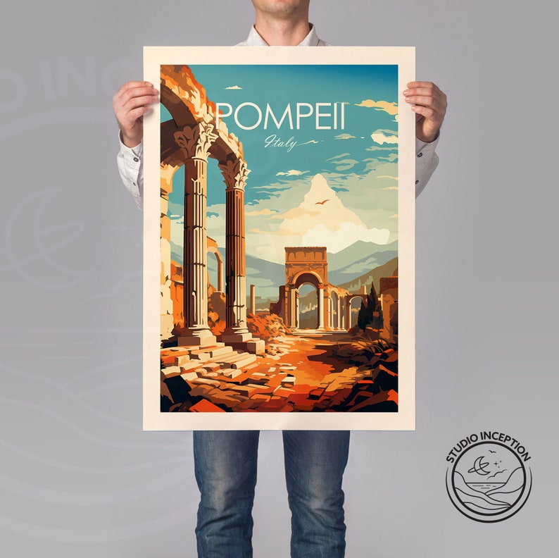 Puede incluir: P&oacute;ster de viaje vintage con una ilustraci&oacute;n colorida de las ruinas de Pompeya, Italia. El p&oacute;ster tiene el texto "Pompeya, Italia" en una fuente retro.