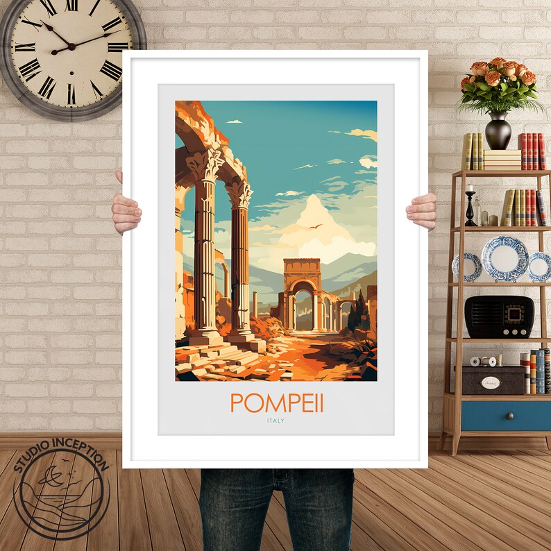 May include: A vintage travel poster featuring a colorful illustration of the ruins of Pompeii, Italy. The poster has the text "POMPEII ITALY" at the bottom.