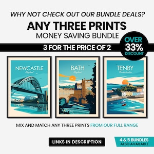 Puede incluir: Tres impresiones enmarcadas de paisajes urbanos con el texto "Newcastle, Inglaterra", "Bath, Inglaterra" y "Tenby, Pembrokeshire". Las impresiones forman parte de un paquete con el texto "Any Three Prints Money Saving Bundle 3 for the price of 2 Over 33% Discount".