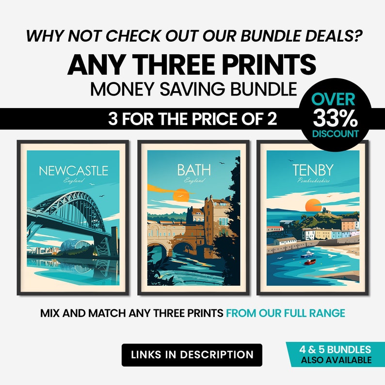 Puede incluir: Tres impresiones enmarcadas de paisajes urbanos con el texto "Newcastle, Inglaterra", "Bath, Inglaterra" y "Tenby, Pembrokeshire". Las impresiones forman parte de un paquete con el texto "Any Three Prints Money Saving Bundle 3 for the price of 2 Over 33% Discount".