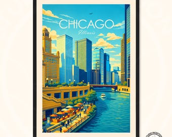 Chicago River-reisprint verkrijgbaar in verschillende maten. Gepersonaliseerde cadeauposter muurkunst