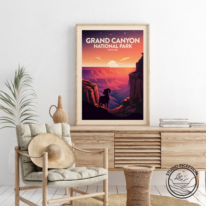 May include: A vintage-style poster featuring a sunset view of the Grand Canyon National Park, established in 1919. The poster depicts a silhouette of a bighorn sheep standing on a cliff overlooking the canyon.