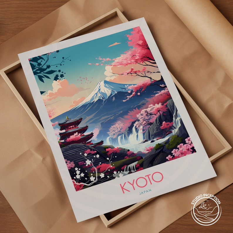 May include: A colorful illustration of a Japanese landscape with Mount Fuji in the background, a red pagoda in the foreground, and cherry blossoms in bloom. The text "KYOTO JAPAN" is at the bottom of the image.
