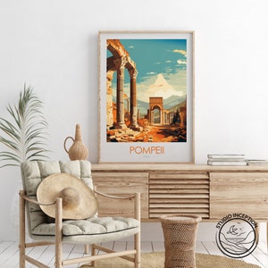 May include: A vintage travel poster featuring a colorful illustration of the ruins of Pompeii, Italy. The poster has the text "POMPEII ITALY" at the bottom.