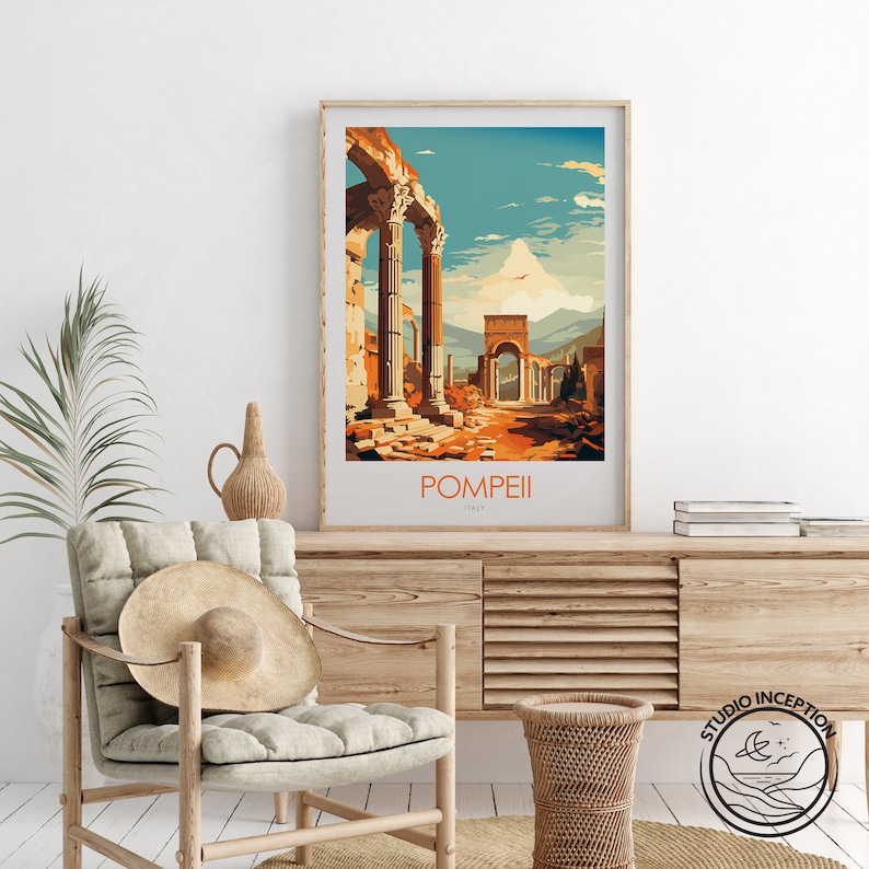 May include: A vintage travel poster featuring a colorful illustration of the ruins of Pompeii, Italy. The poster has the text "POMPEII ITALY" at the bottom.