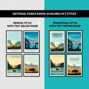 May include: Two styles of national park posters, with a minimal style featuring text below the image and a traditional style with text within the image. The posters feature Yosemite National Park, Moraine Lake Banff National Park, Yellowstone National Park, and Rocky Mountain National Park.