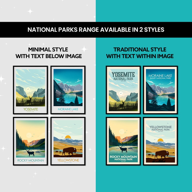 May include: Two styles of national park posters, with a minimal style featuring text below the image and a traditional style with text within the image. The posters feature Yosemite National Park, Moraine Lake Banff National Park, Yellowstone National Park, and Rocky Mountain National Park.