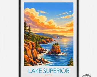 Lake Superior reisposter | Muurkunst Lake Superior Ontario | Landschapsprint grote meren | Kunst zonsondergang kust | Cadeau natuurliefhebber