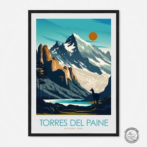 Poster del Parco Nazionale Torres del Paine. Stampa della Patagonia, regalo per gli appassionati dei parchi nazionali, regalo per escursionisti.