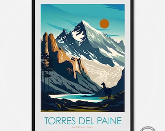 May include: A vintage travel poster design featuring a silhouette of a llama standing in front of a mountain range with a lake in the foreground. The poster has a blue, green, and brown colour scheme and the text "Torres del Paine National Park" at the bottom.