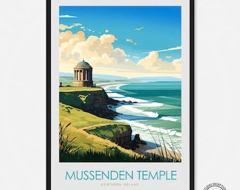 Lámina de viaje del Templo de Mussenden, Póster de viaje de Irlanda del Norte, Regalo de boda, Lámina de Castlerock, Derry, Londonderry, Downhill Demesne