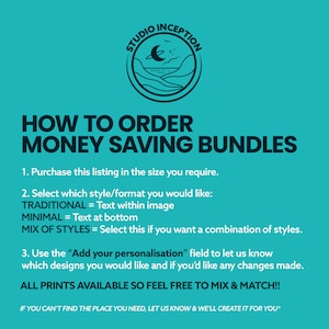 May include: A teal graphic with the text "HOW TO ORDER MONEY SAVING BUNDLES" and instructions for purchasing prints. The image includes a circular logo with a crescent moon, stars, and a landscape scene.