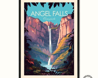 Puede incluir: Un diseño de póster de viaje vintage con las Cataratas del Ángel en Venezuela. El póster tiene un fondo azul con una gran imagen de la cascada que cae por un acantilado. El texto "Angel Falls" está en negrita, en blanco, en la parte superior del póster, con "Venezuela" en una fuente más pequeña debajo.