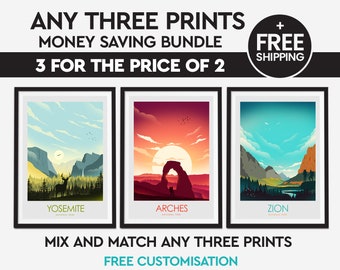 Money Saving Offer - Any 3 Prints of your Choice, Choose Your Size, Travel Poster, Travel Print, Art Prints, Art Gifts, National Park Poster