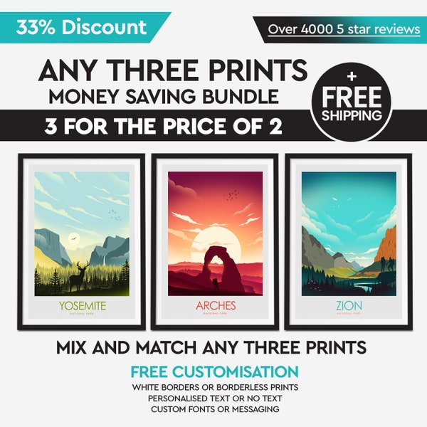 Money Saving Offer - Any 3 Prints of your Choice, Choose Your Size, Travel Poster, Travel Print, Art Prints, Art Gifts, National Park Poster