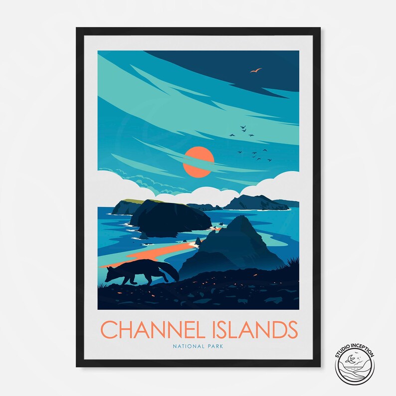 May include: A colourful illustration of a landscape with a fox in the foreground. The sky is blue with white clouds and a bright orange sun. The text "CHANNEL ISLANDS NATIONAL PARK" is at the bottom of the image.