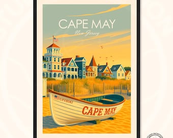 May include: A framed art print featuring a vintage travel poster design for Cape May, New Jersey. The artwork depicts a white lifeboat on a sandy beach with the words "Cape May" in red. Colorful houses and a blue sky are in the background.