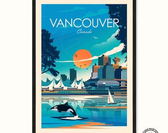 May include: Framed art print featuring a stylized illustration of Vancouver, Canada. The artwork showcases the city's skyline, a jumping orca, and a sailboat against a blue sky with a setting sun. The word "Vancouver" is prominently displayed.