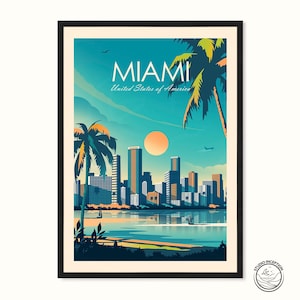 Stampa di viaggio in stile tradizionale di Miami, poster di Miami, poster degli Stati Uniti, Florida, regalo di compleanno, regalo di nozze