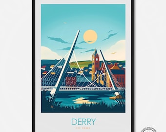 May include: A colorful illustration of the Peace Bridge in Derry, Northern Ireland. The bridge is a modern, white structure with a blue river and green grass below. The city skyline is visible in the background, including a red brick building with a clock tower. The text "Derry, Co. Derry" is printed below the image.