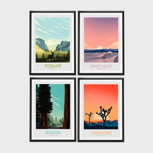 May include: Four framed prints of national parks in the United States. The prints feature a sunset over a desert landscape, a deer in a forest, a grove of giant sequoia trees, and a Joshua tree in the desert. Each print has the name of the park and "National Park" written below the image.