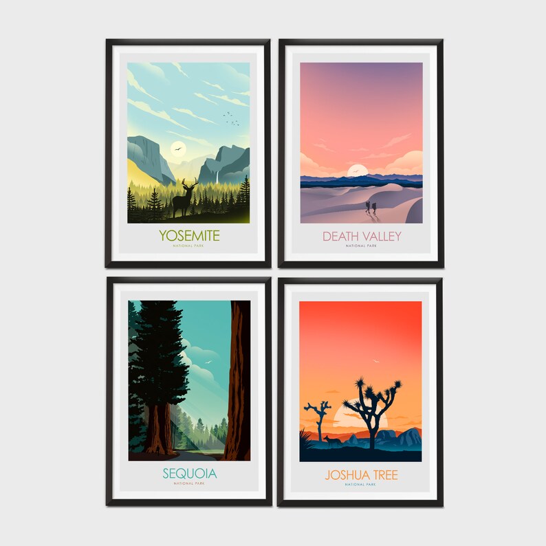 May include: Four framed prints of national parks in the United States. The prints feature a sunset over a desert landscape, a deer in a forest, a grove of giant sequoia trees, and a Joshua tree in the desert. Each print has the name of the park and "National Park" written below the image.