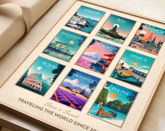 Favourite Places Art Print, Personalised Travel Memories Poster - Choose your locations & Text, Custom Stamp Souvenir Gift for Travel Lovers