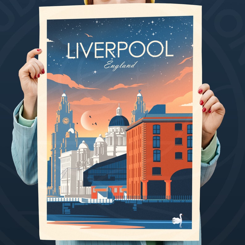 May include: A vintage travel poster with a blue, orange, and white color scheme depicting the city of Liverpool, England. The poster features a cityscape with buildings, a river, and a white bird in the foreground. The text "Liverpool, England" is displayed at the top of the poster.