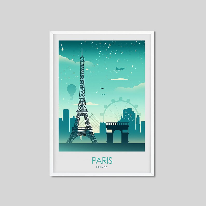 May include: A teal and blue illustration of the Paris skyline featuring the Eiffel Tower, the Arc de Triomphe, and the Ferris wheel. The text "PARIS FRANCE" is at the bottom of the image.