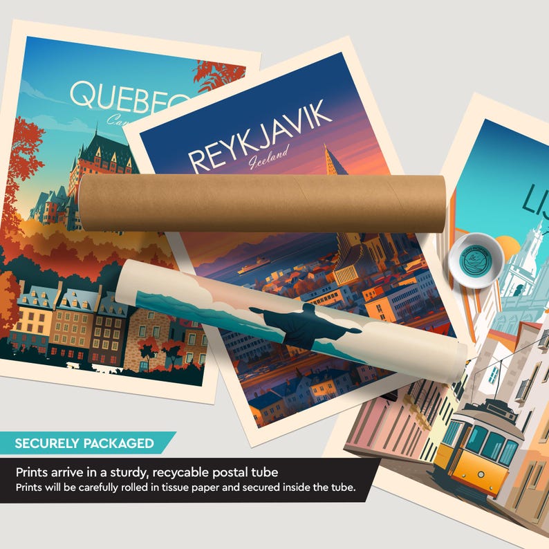 May include: Travel-themed art prints featuring cityscapes of Quebec, Reykjavik, and Lisbon. The prints are rolled and packaged in a sturdy, recyclable postal tube. A small dish with a teal design is also visible.