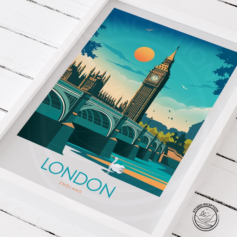 May include: A colorful illustration of the Houses of Parliament and Big Ben in London, England. The image features a blue sky with a bright orange sun, a green bridge, and a white swan in the river Thames.
