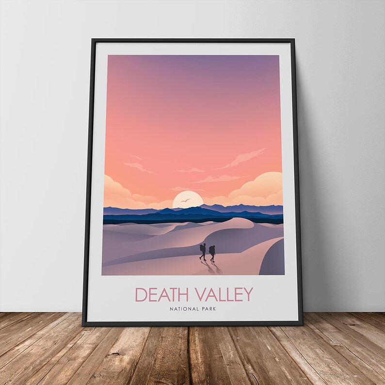 May include: A digital illustration of two people hiking in Death Valley National Park. The illustration features a sunset with a pink and purple sky and a large, white sun. The sand dunes are white and the mountains in the background are blue. The text "DEATH VALLEY NATIONAL PARK" is at the bottom of the illustration.