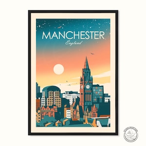 May include: A vintage travel poster design featuring a cityscape of Manchester, England. The poster has a retro color palette with a sunset sky and a prominent clock tower building. The text "Manchester, England" is displayed at the top of the poster.
