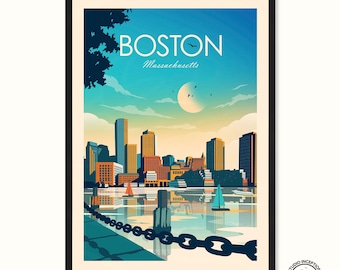 Puede incluir: Impresión artística enmarcada que presenta una ilustración estilizada del horizonte de Boston. La obra de arte muestra los edificios de la ciudad, el puerto y los veleros bajo un cielo azul con el texto "BOSTON Massachusetts". La impresión está en un marco negro.