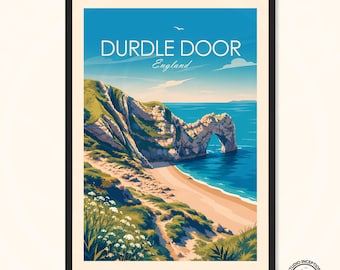 Durdle Door Print Dorset England Travel Print, Jurassic Coast Wall Art UK Travel Poster - custom options available