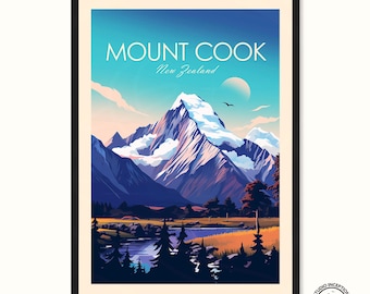 Póster de viaje del Monte Cook, Nueva Zelanda. Arte de pared Aoraki. Decoración para el hogar. Regalo de viaje.