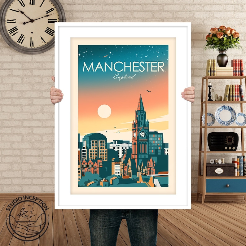May include: A vintage-style travel poster featuring a cityscape of Manchester, England. The poster has a blue, orange, and yellow color scheme and features the city's iconic Town Hall building.