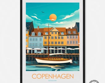 May include: A colorful illustration of a cityscape with a sailboat in the harbor. The buildings are yellow, blue, and red, and the sky is blue with white clouds. The text "COPENHAGEN, DENMARK" is at the bottom of the image.