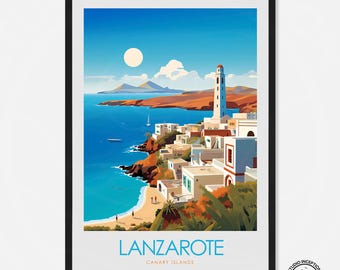 Puede incluir: Una ilustración colorida de un faro blanco en un acantilado con vistas a un océano azul y un pequeño pueblo. El texto "Lanzarote Canary Islands" está en la parte inferior de la imagen.