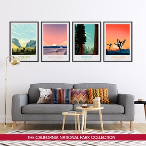 May include: Four framed prints of national parks in California. The prints are in a minimalist style with a colorful sunset or sunrise background. The parks featured are Yosemite, Death Valley, Sequoia, and Joshua Tree.