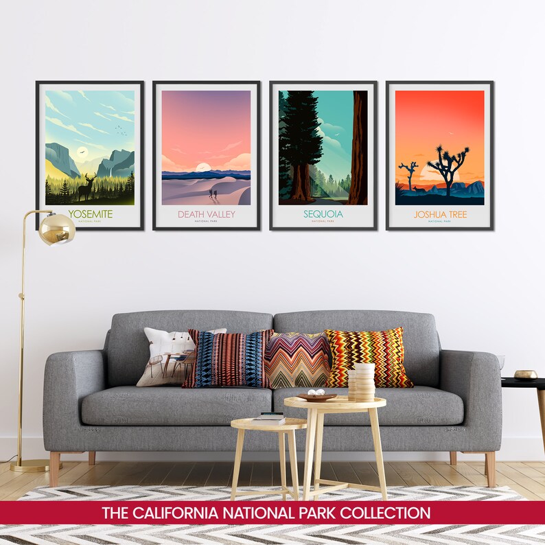 May include: Four framed prints of national parks in California. The prints are in a minimalist style with a colorful sunset or sunrise background. The parks featured are Yosemite, Death Valley, Sequoia, and Joshua Tree.